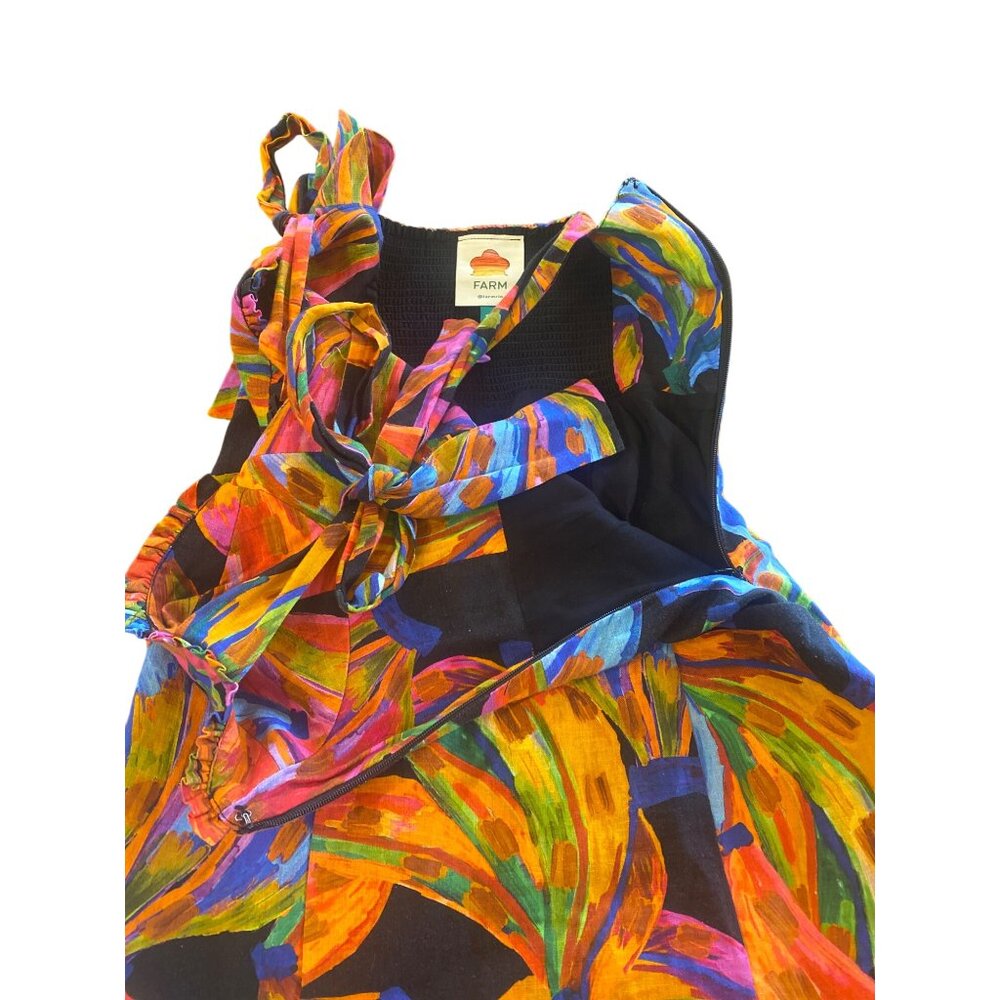 Farm Rio Rainbow Bananas Shoulder-Tie Mini Dress XS Linen - Picture 12 of 14